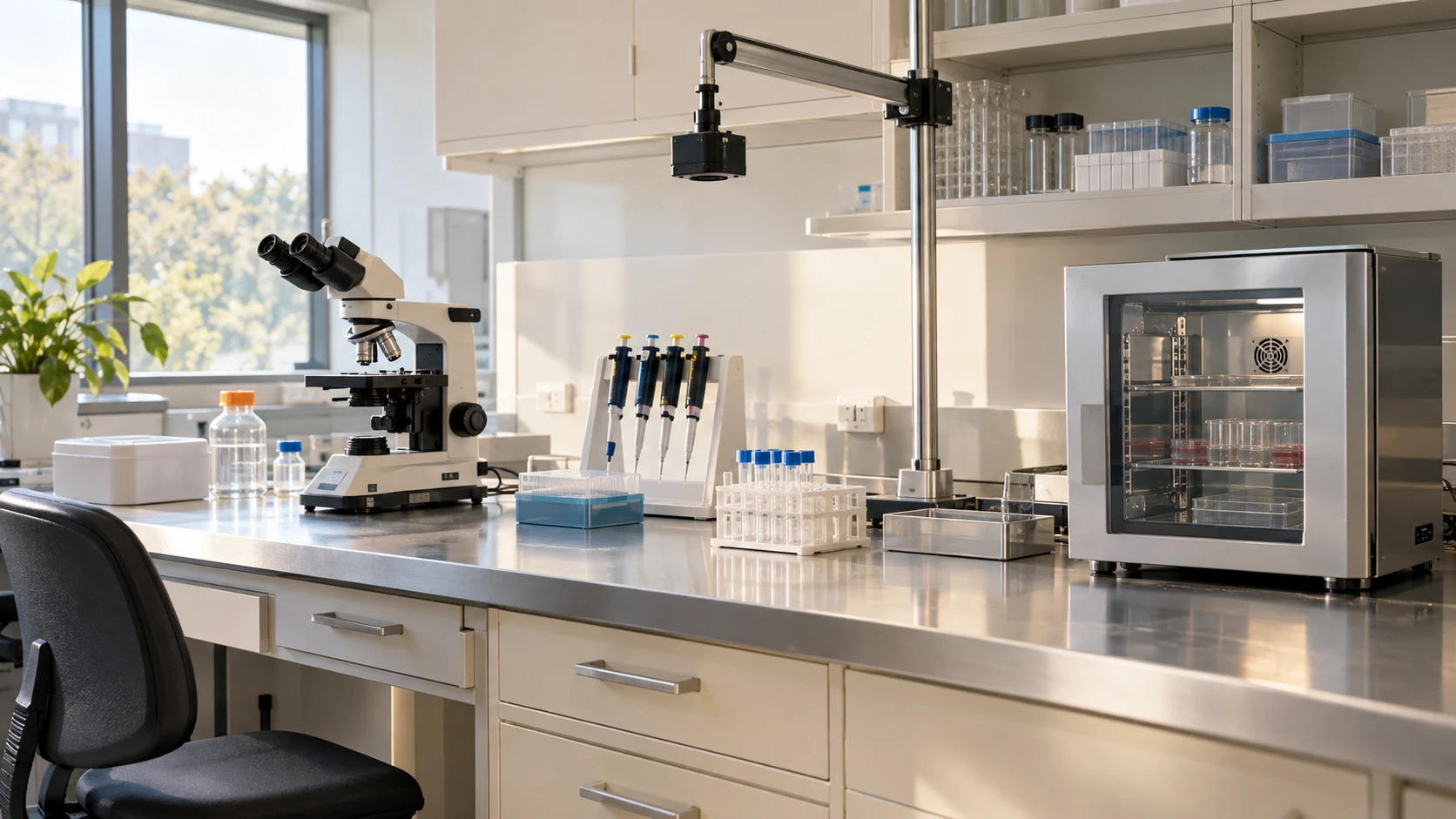Conceptual wet-laboratory workcell with a microscope, incubator, samples and a mounted observation camera.