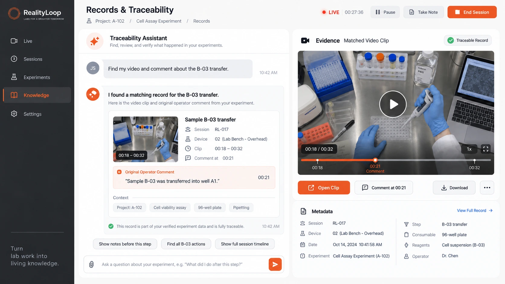 RealityLoop records and traceability interface linking a sample transfer query to its source video, timestamp, operator comment and experimental context.