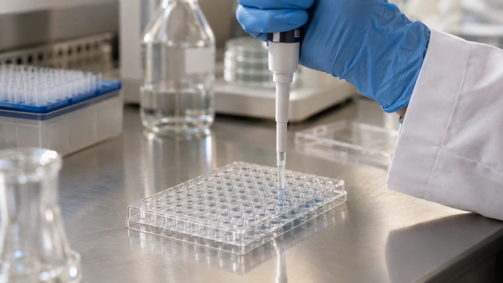 Conceptual editorial photograph of a gloved scientist pipetting into a multiwell plate on a clean laboratory bench.